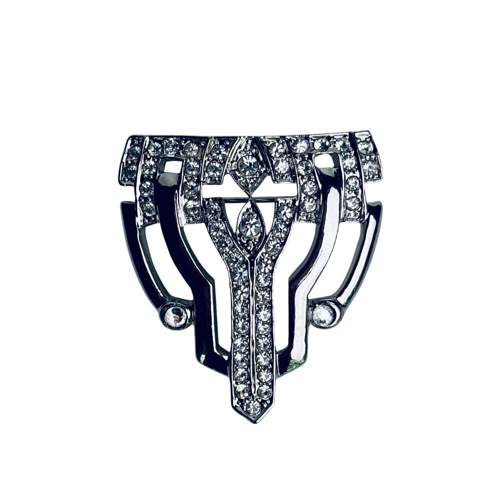 Vintage Silver Tone and Crystal Brooch Pin Art Deco Style 1950's 1.5 in x 2 in